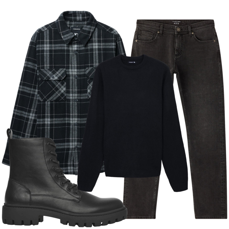 Outfit uomo - Total look #2285939. Stile Urban per Tutti i giorni. Abbinamento con anfibi, cappotti, jeans, maglieria.