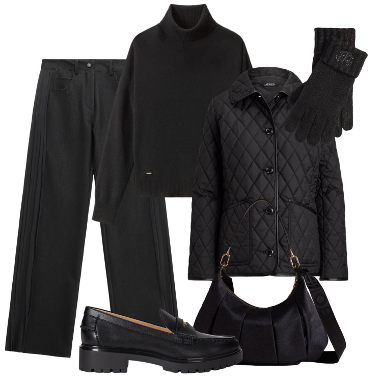 Outfit donna - Minimal in nero. Stile Minimal per Tutti i giorni. Abbinamento con jeans, borse a spalla, mocassini, giacche, guanti, maglieria.