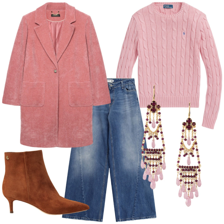 Outfit donna - Romantica in rosa. Stile Casual per Tutti i giorni. Abbinamento con jeans, stivaletti, maglieria, orecchini, cappotti.