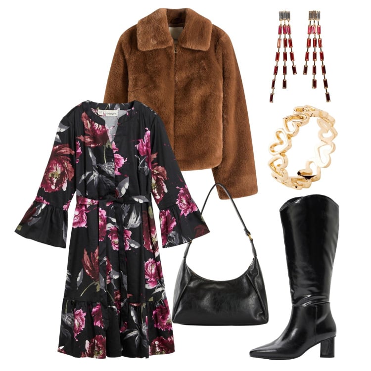 Outfit donna - Christmas Collection Bonprix!. Stile Chic per Serata fuori. Abbinamento con vestiti chemisier, ecopellicce, orecchini, stivali, anelli, borse a mano.