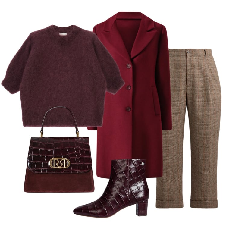 Outfit donna - Burgundy Chic. Stile Chic per Ufficio. Abbinamento con cappotti, borse a mano, maglieria, pantaloni, stivaletti.