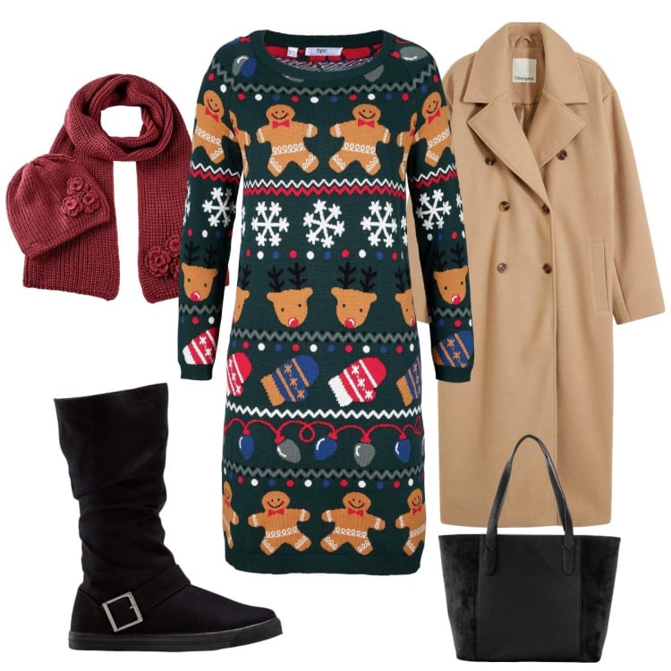 Outfit donna - Aspettando il natale. Stile Casual per Tutti i giorni. Abbinamento con vestiti, shopping bag, sciarpe, stivali, cappotti.