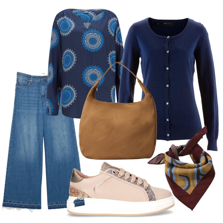 Outfit donna - La blusa fantasia. Stile Casual chic per Ufficio. Abbinamento con tuniche, cardigans, jeans, borse a mano, foulard, sneakers.