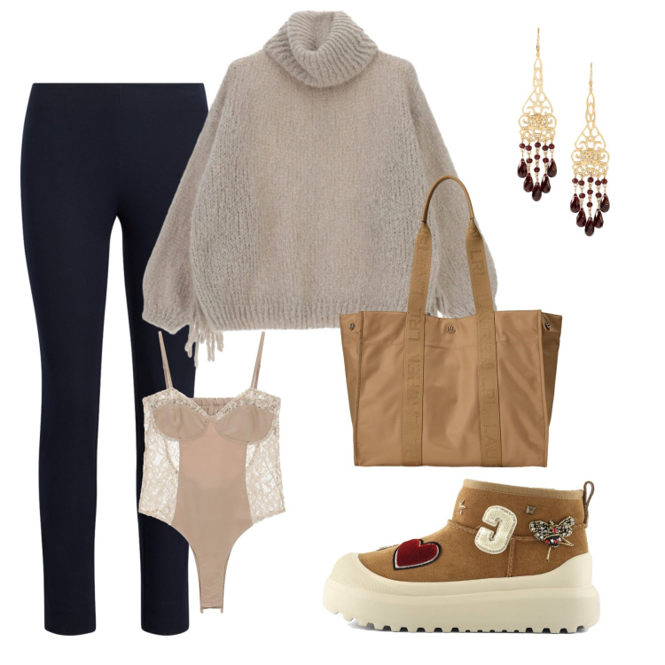 Outfit donna - Il maglione avvolgente. Stile Trendy per Tutti i giorni. Abbinamento con body, maglieria, borse tote, orecchini, pantaloni skinny, stivali.