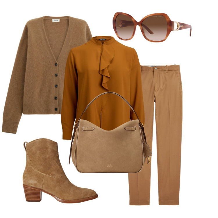 Outfit donna - A tutto mou. Stile Bon Ton per Tutti i giorni. Abbinamento con cardigans, occhiali da sole, pantaloni chino, stivaletti, bluse, borse a mano.