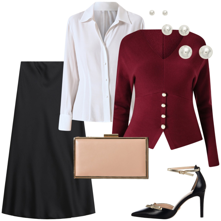 Outfit donna - Total look #2285956. Stile Chic per Serata fuori. Abbinamento con maglieria, décolleté, pochette, camicie, gonne lunghe, orecchini.