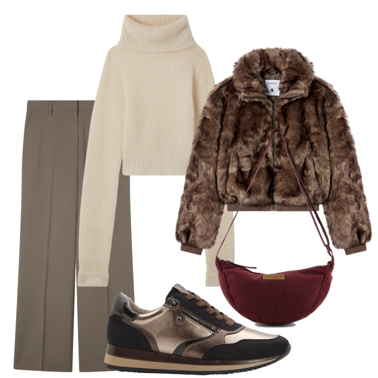 Outfit donna - Total look #2285957. Stile Trendy per Tutti i giorni. Abbinamento con sneakers, pantaloni a palazzo, maglieria, ecopellicce, borse a tracolla.