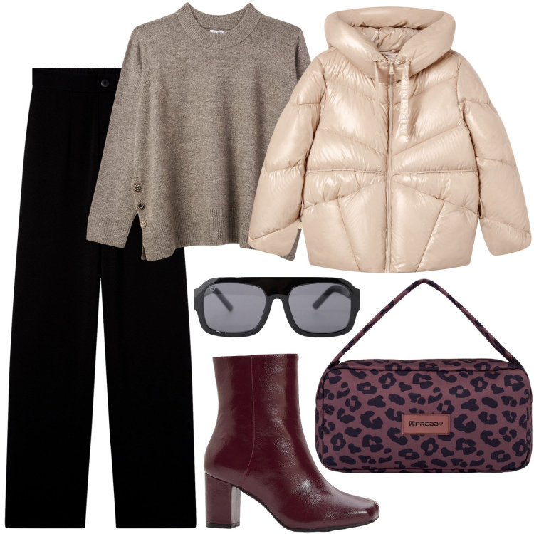 Outfit donna - Un tocco animalier. Stile Urban per Tutti i giorni. Abbinamento con stivaletti, pantaloni, maglieria, giacche, occhiali da sole, borse a spalla.
