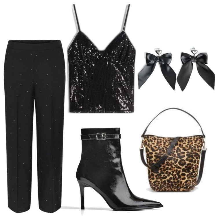 Outfit mujer - Glamorous. Estilo Glamour para Noche/Fiesta elegante. Combinación con pantalones, botines, top, bolsos saco, pendientes.