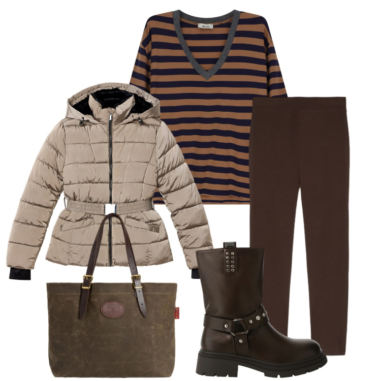 Outfit donna - Total look #2285972. Stile Casual chic per Tutti i giorni. Abbinamento con piumini, stivali, maglieria, borse tote, leggings.