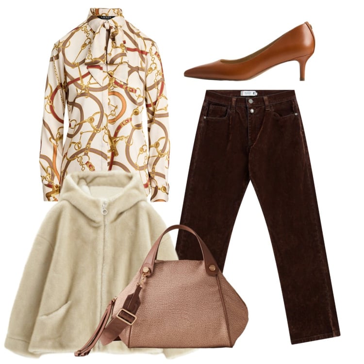 Outfit donna - Total look. Stile Casual chic per Tutti i giorni. Abbinamento con pantaloni, blazer, borse a mano, camicie, décolleté.