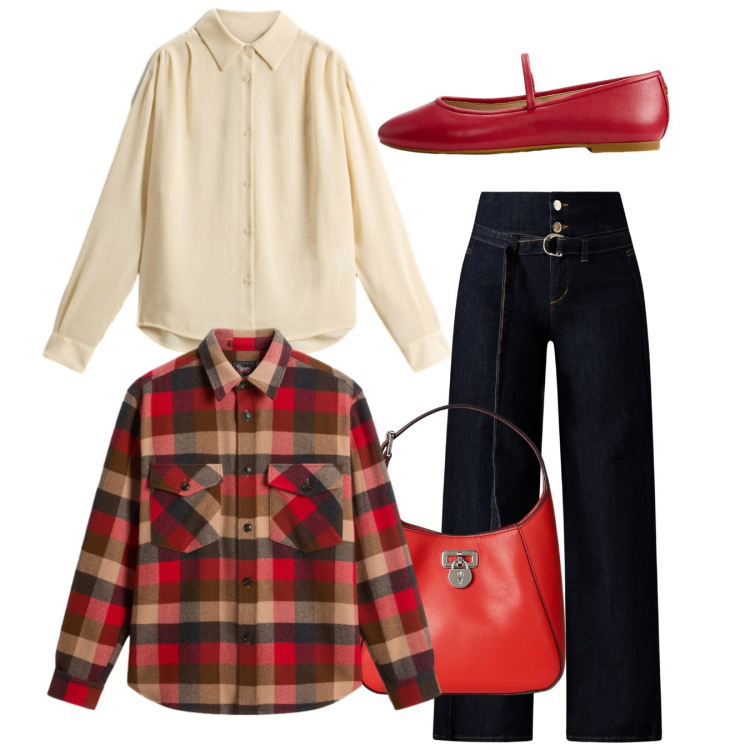 Outfit donna - Aria natalizia. Stile Bon Ton per Tutti i giorni. Abbinamento con jeans, borse a tracolla, ballerine, cappotti, camicie.