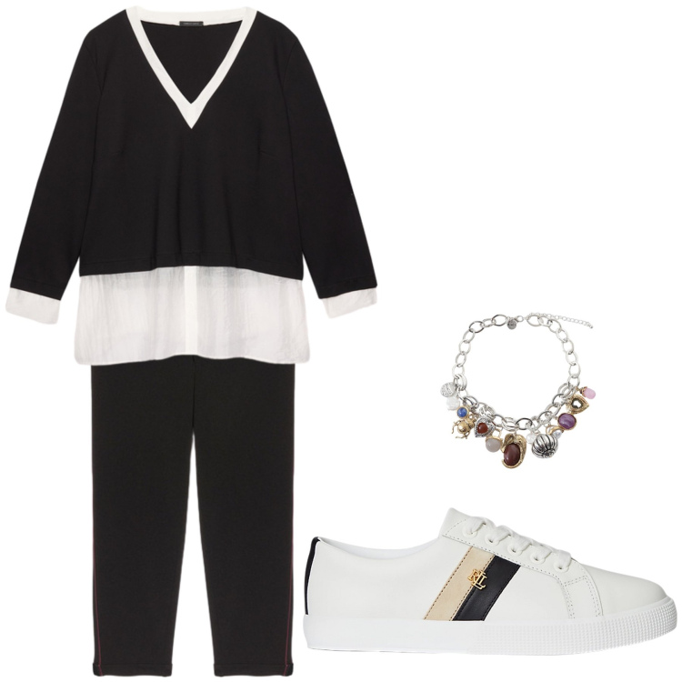 Outfit donna - Total look #2285981. Stile Casual chic per Scuola/Università. Abbinamento con braccialetti con ciondoli, sneakers, camicie, pantaloni.