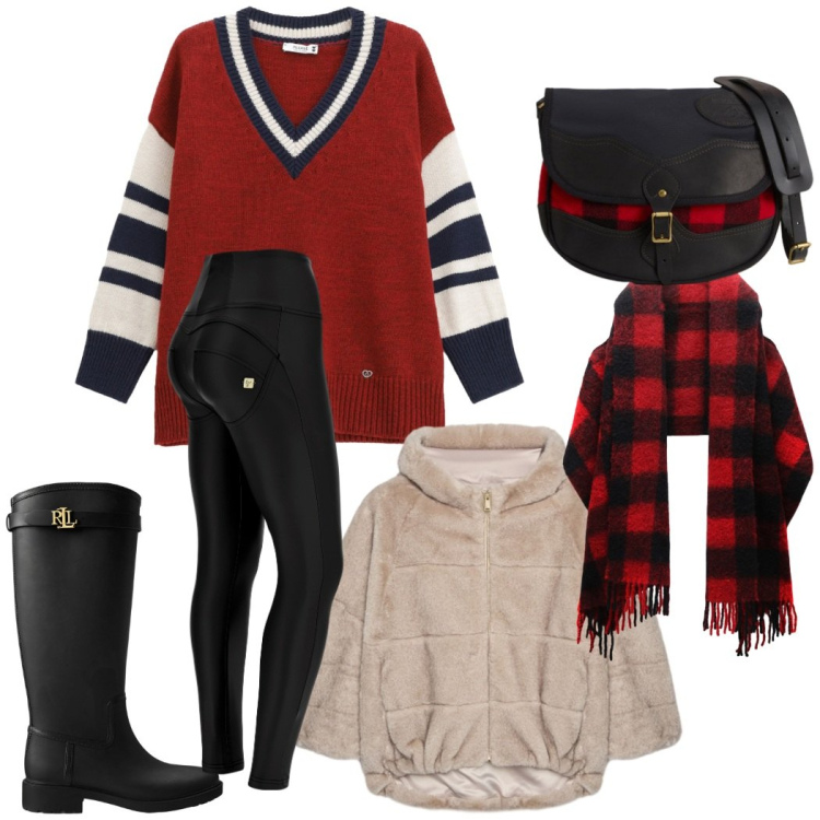 Outfit donna - Total look #2285983. Stile Casual chic per Tutti i giorni. Abbinamento con maglieria, pantaloni skinny, stivali di gomma, sciarpe, borse a tracolla, ecopellicce.