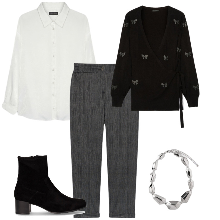 Outfit donna - Total look #2285987. Stile Casual chic per Ufficio. Abbinamento con cardigans, pantaloni, ciondoli, camicie, stivaletti.