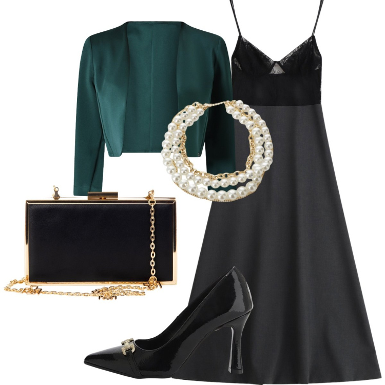 Outfit donna - Serata a Teatro. Stile Glamour per Serata fuori. Abbinamento con bolero, pochette, vestiti lunghi, décolleté, collane.