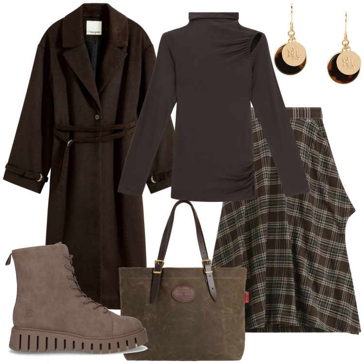 Outfit donna - Giornata fredda. Stile Casual per Tutti i giorni. Abbinamento con cappotti, pullovers, gonne lunghe, orecchini, borse tote, anfibi.