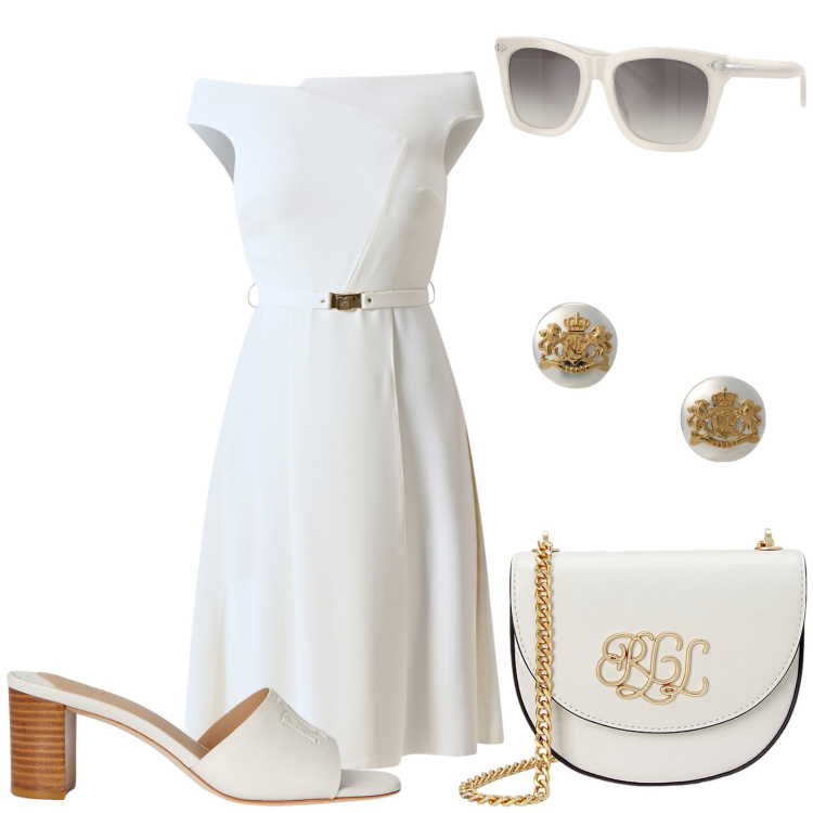 Outfit donna - Bianco estivo. Stile Glamour per Tutti i giorni. Abbinamento con vestiti, orecchini, occhiali da sole, sandali in pelle, borse a tracolla.