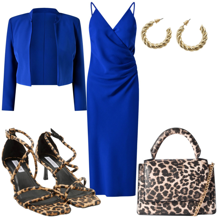 Outfit donna - Estiva con eleganza. Stile Glamour per Serata fuori. Abbinamento con sandali col tacco, borse a tracolla, vestiti midi/longuette, blazer, orecchini.