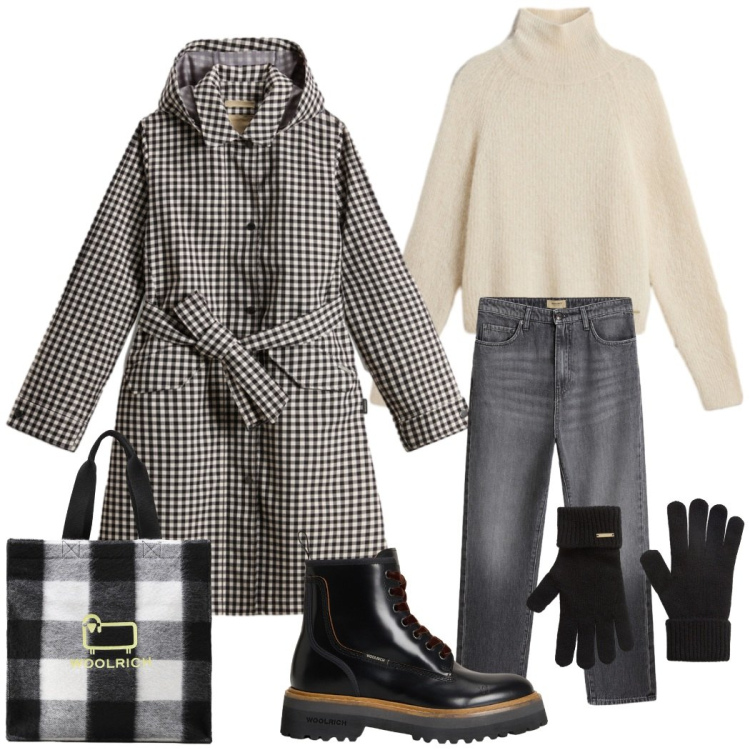 Outfit donna - Total look #2286009. Stile Casual chic per Tutti i giorni. Abbinamento con trench, maglieria, jeans, anfibi, borse tote, guanti.