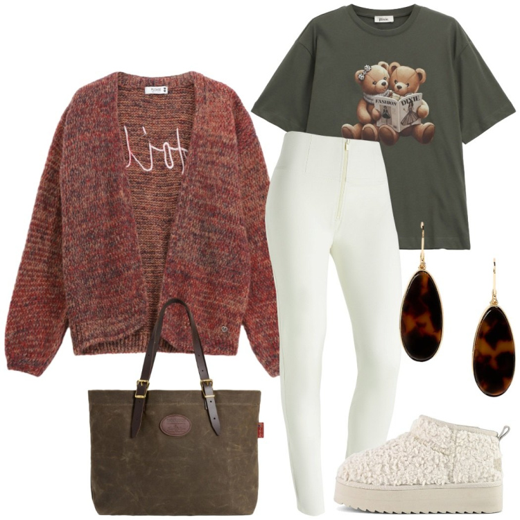 Outfit donna - Comoda con stile. Stile Casual chic per Tutti i giorni. Abbinamento con cardigans, pantaloni skinny, t-shirt, orecchini, borse tote, stivaletti.