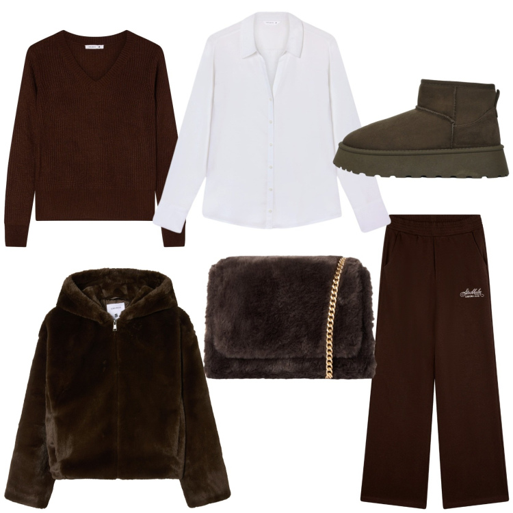 Outfit donna - Choco mania. Stile Casual chic per Tutti i giorni. Abbinamento con maglieria, pantaloni, ecopellicce, camicie, stivali, borse a tracolla.