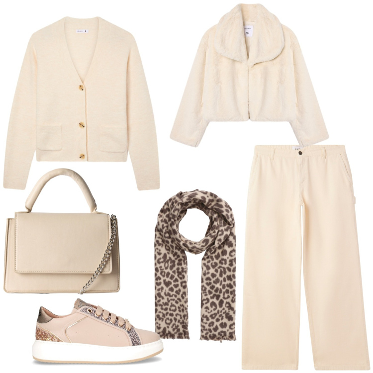 Outfit donna - Look monocromatico color panna. Stile Casual chic per Tutti i giorni. Abbinamento con pantaloni, cardigans, sciarpe, ecopellicce, borse a tracolla, sneakers.