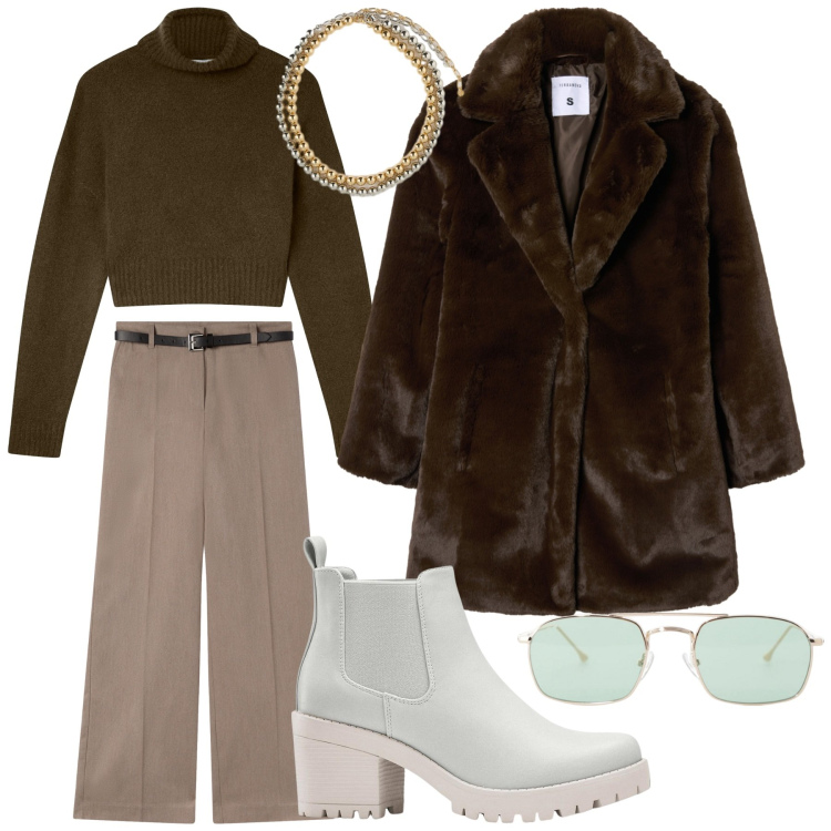 Outfit donna - Colazione relax. Stile Casual per Tutti i giorni. Abbinamento con stivaletti chelsea, cappotti, pantaloni, maglieria, occhiali da sole, collane.