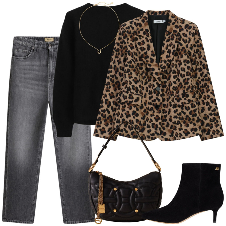 Outfit donna - Una giacca graffiante. Stile Casual chic per Ufficio. Abbinamento con blazer, borse a spalla, pullovers, stivaletti, ciondoli, jeans.