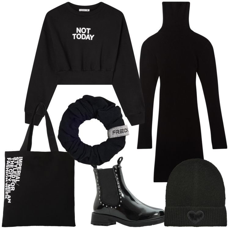 Outfit donna - Oggi è freddo. Stile Basic per Tutti i giorni. Abbinamento con stivaletti chelsea, vestiti corti, felpe, berretti, shopping bag, accessori per capelli.