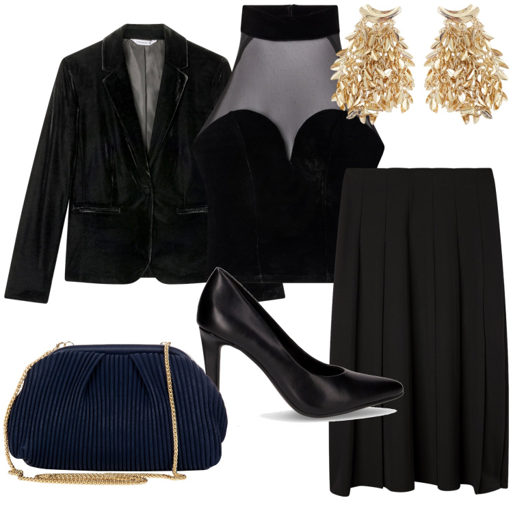 Outfit donna - Smoking con gonna. Stile Glamour per Serata fuori. Abbinamento con gonne lunghe, top, blazer, pochette, orecchini, décolleté.