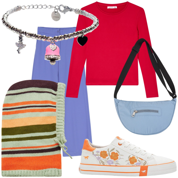 Outfit donna - Un caldo e colorato giorno. Stile Trendy per Tutti i giorni. Abbinamento con sneakers, cappelli, borse a tracolla, t-shirt, pantaloni, braccialetti.