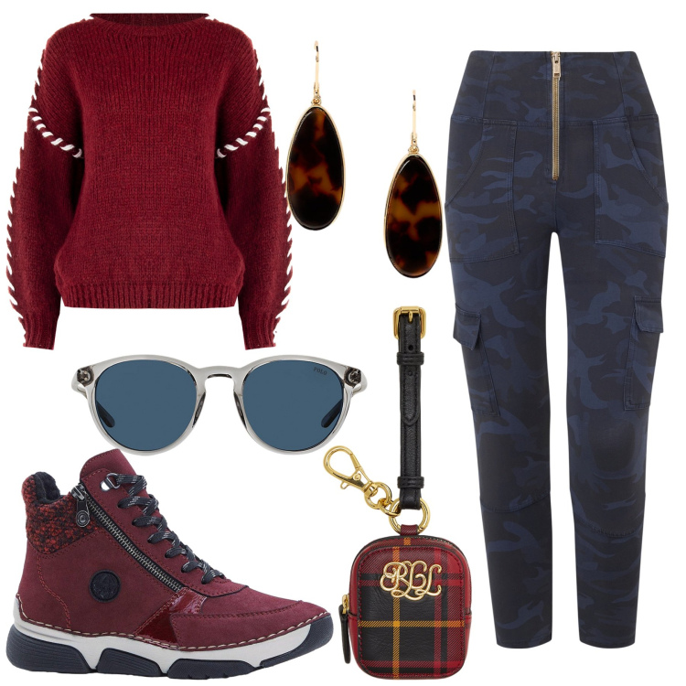 Outfit donna - Total look #2286024. Stile Sporty chic per Tutti i giorni. Abbinamento con stivaletti, maglieria, pantaloni cargo, occhiali da sole, orecchini, pochette.