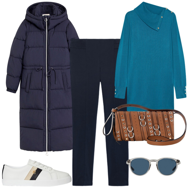 Outfit donna - Novembre. Stile Casual chic per Tutti i giorni. Abbinamento con piumini, borse a spalla, occhiali da sole, sneakers, maglieria, jeggings.