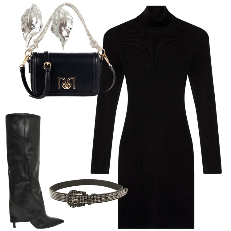 Outfit donna - Il tubino nero da mattina a sera. Stile Minimal per Tutti i giorni. Abbinamento con borse a mano, vestiti corti, cinture, stivali, orecchini.