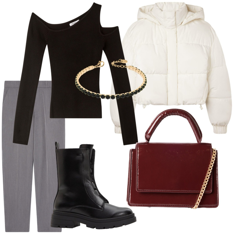Outfit donna - Cozy & Chic. Stile Basic per Serata fuori. Abbinamento con stivaletti, maglieria, bomber, pantaloni chino, borse a tracolla, braccialetti.