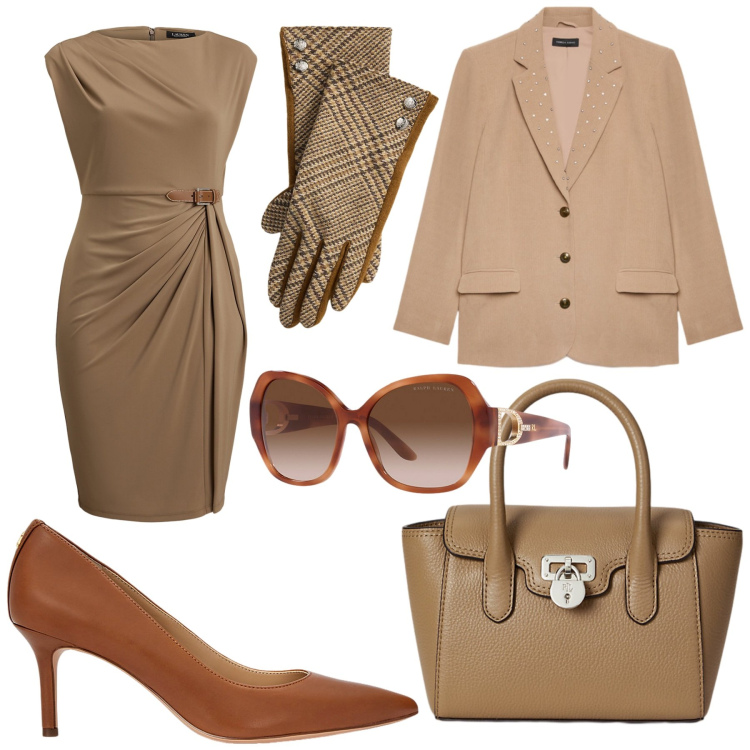 Outfit donna - Total look #2286033. Stile Chic per Ufficio. Abbinamento con occhiali da sole, décolleté, vestiti, borse a mano, guanti, blazer.