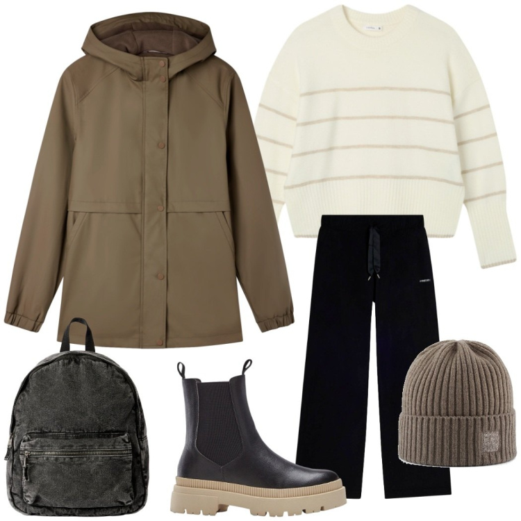 Outfit donna - Total look #2286034. Stile Casual per Tutti i giorni. Abbinamento con stivaletti chelsea, blazer, maglieria, zaini, pantaloni, berretti.