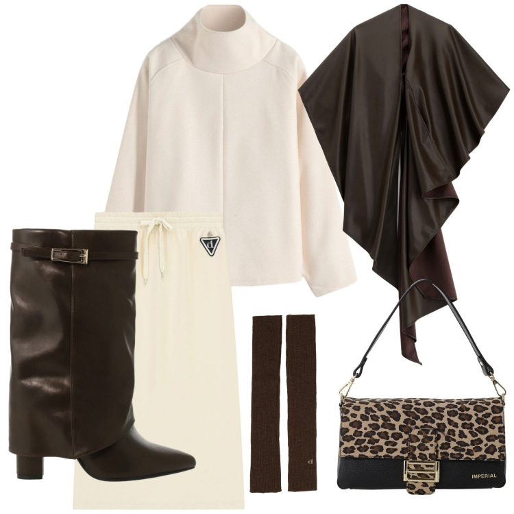 Outfit donna - Cozy & Chic. Stile Casual per Serata fuori. Abbinamento con maglieria, borse a spalla, stivali, cappe, guanti, gonne longuette.