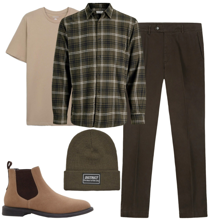 Outfit uomo - City. Stile Urban per Tutti i giorni. Abbinamento con camicie, stivali e stivaletti, t-shirt, berretti, pantaloni chino.