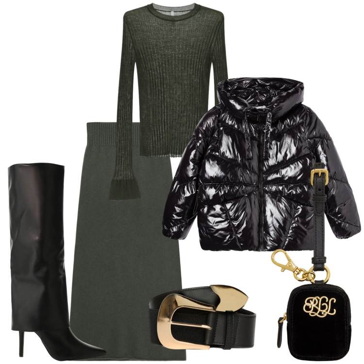 Outfit donna - Cozy & Chic. Stile Minimal per Serata fuori. Abbinamento con bomber, gonne lunghe, stivali, maglieria, pochette, cinture.