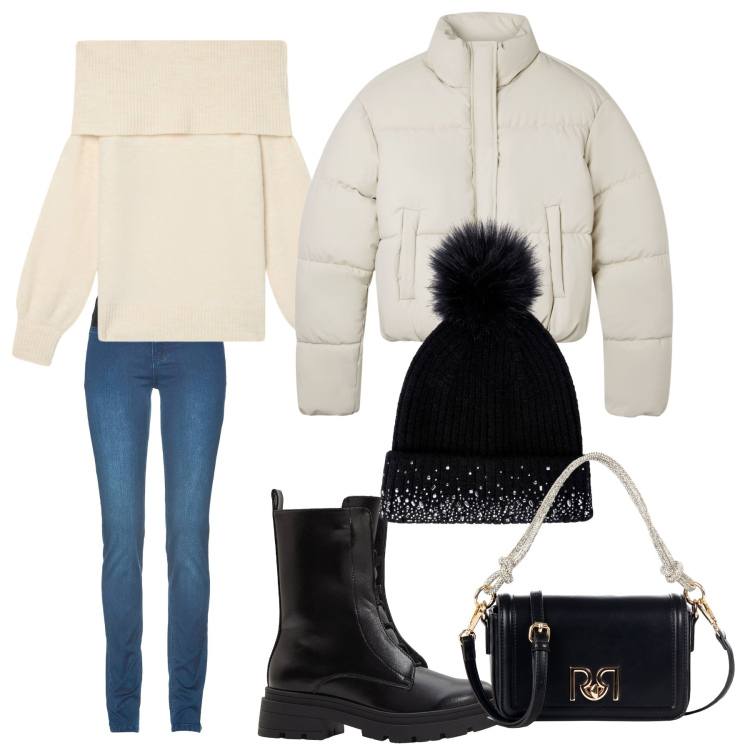 Outfit donna - Caldo novembre. Stile Urban per Tutti i giorni. Abbinamento con jeans skinny, stivaletti, borse a mano, berretti, bomber, maglieria.