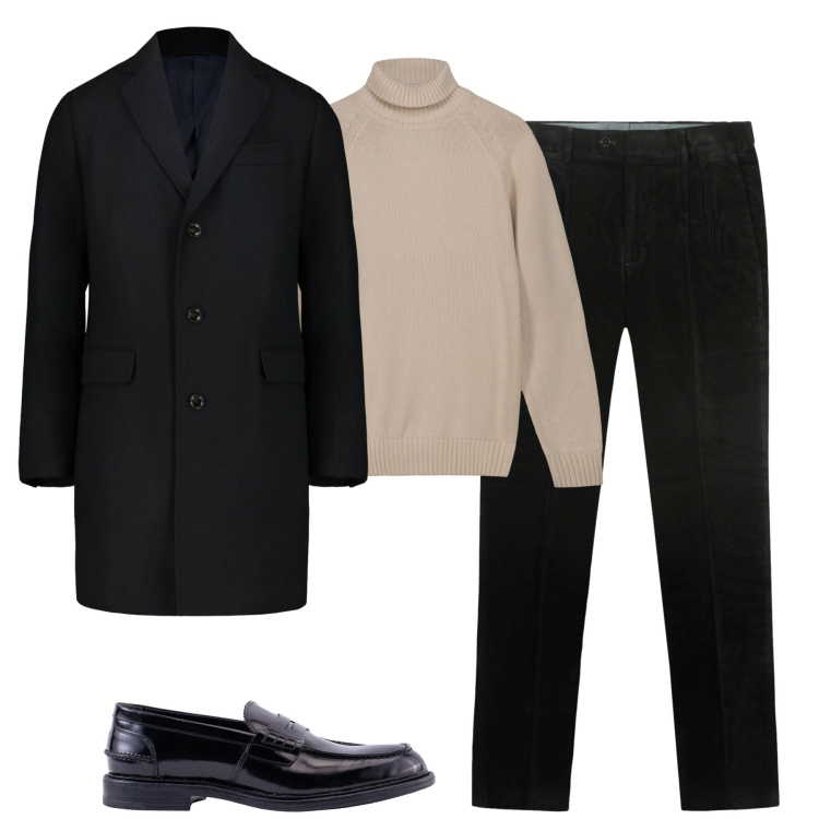 Outfit uomo - Novembre. Stile Business/Elegante per Tutti i giorni. Abbinamento con pantaloni, cappotti, pullovers, scarpe stringate.