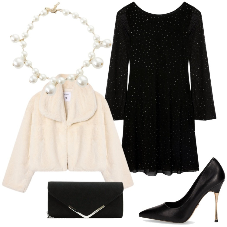 Outfit donna - Cena romantica. Stile Romantica per Serata fuori. Abbinamento con pochette, vestiti corti, ecopellicce, collane, décolleté.