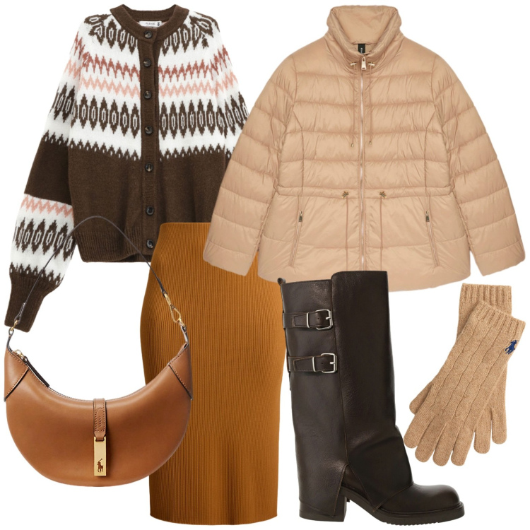 Outfit donna - Cozy & Chic. Stile Minimal per Ufficio. Abbinamento con cardigans, stivali, gonne, borse a spalla, guanti, piumini.