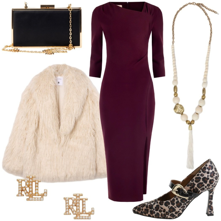 Outfit donna - Serata evento. Stile Glamour per Cerimonia. Abbinamento con ecopellicce, vestiti a tubino, pochette, décolleté, orecchini, ciondoli.