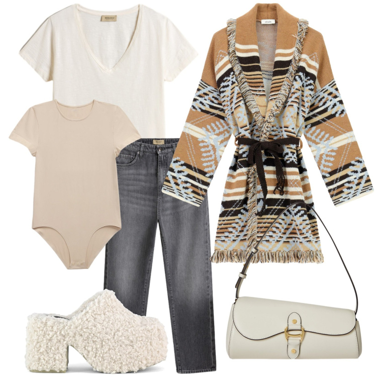 Outfit donna - Il cardigan etnico. Stile Etnico per Tutti i giorni. Abbinamento con cardigans, body, borse a spalla, jeans, t-shirt, sabot.