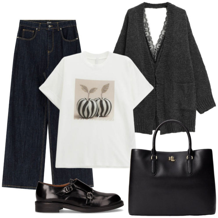 Outfit donna - Jeans e cardigan. Stile Basic per Ufficio. Abbinamento con t-shirt, jeans, cardigans, borse a mano, mocassini.