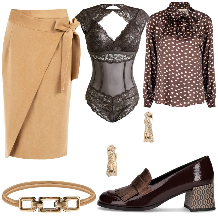 Outfit donna - Total look #2286055. Stile Casual chic per Ufficio. Abbinamento con body, bluse, cinture, gonne longuette, orecchini, mocassini.