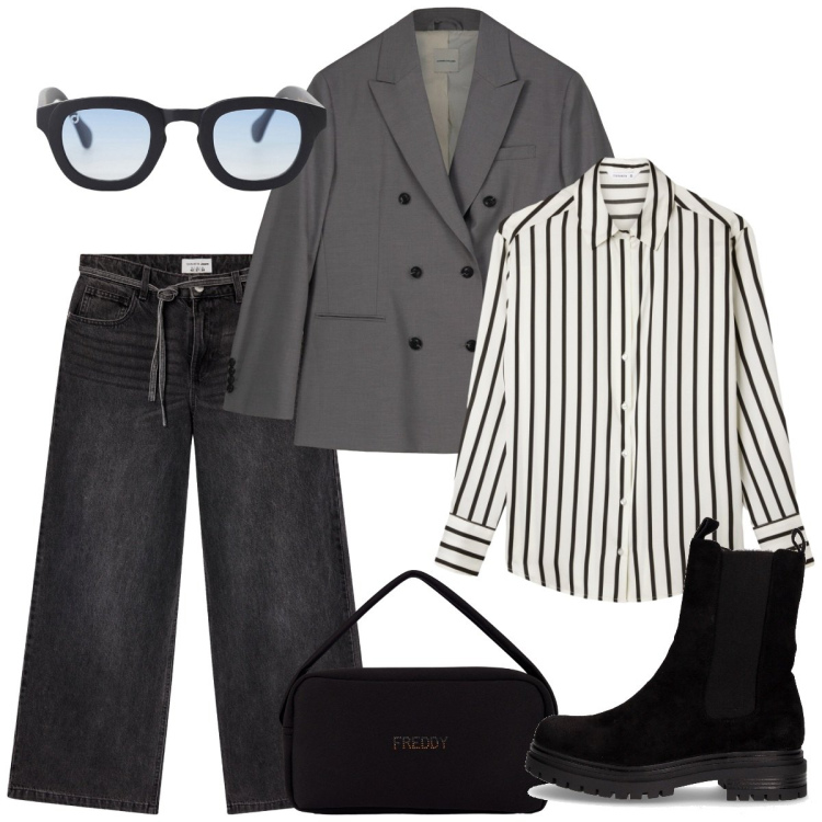 Outfit donna - La camicia a righe. Stile Basic per Tutti i giorni. Abbinamento con jeans, camicie, occhiali da sole, borse a mano, blazer, stivaletti chelsea.
